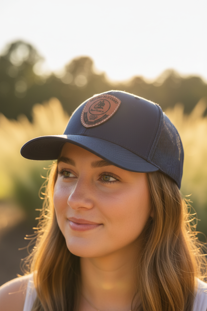 Custom hats for Spartanburg and Greenville SC businesses - leather patch trucker caps