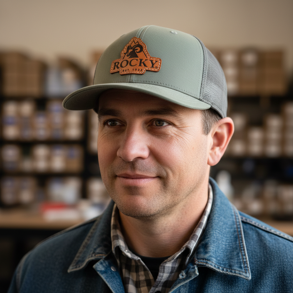 Custom leather patch hat for businesses - premium branded headwear example