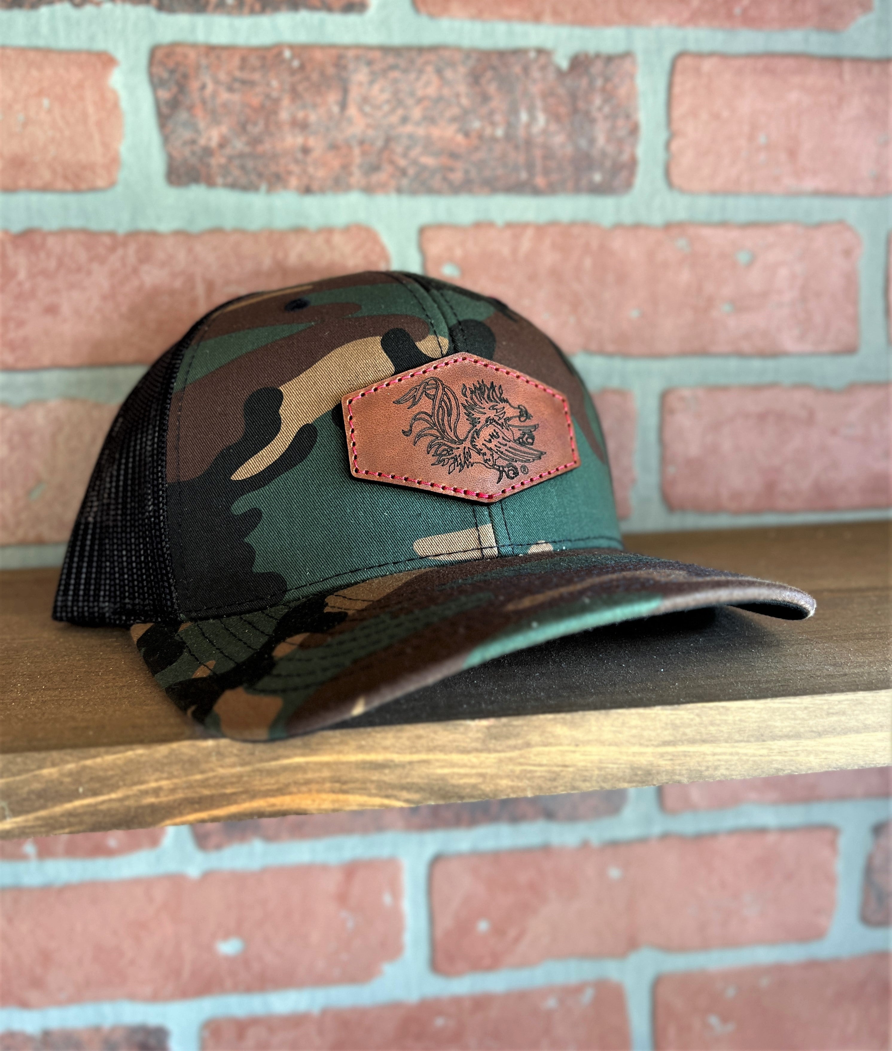 South Carolina Gamecocks Richardson Leather Patch Trucker Hat-(Gamecock) Camo/Black