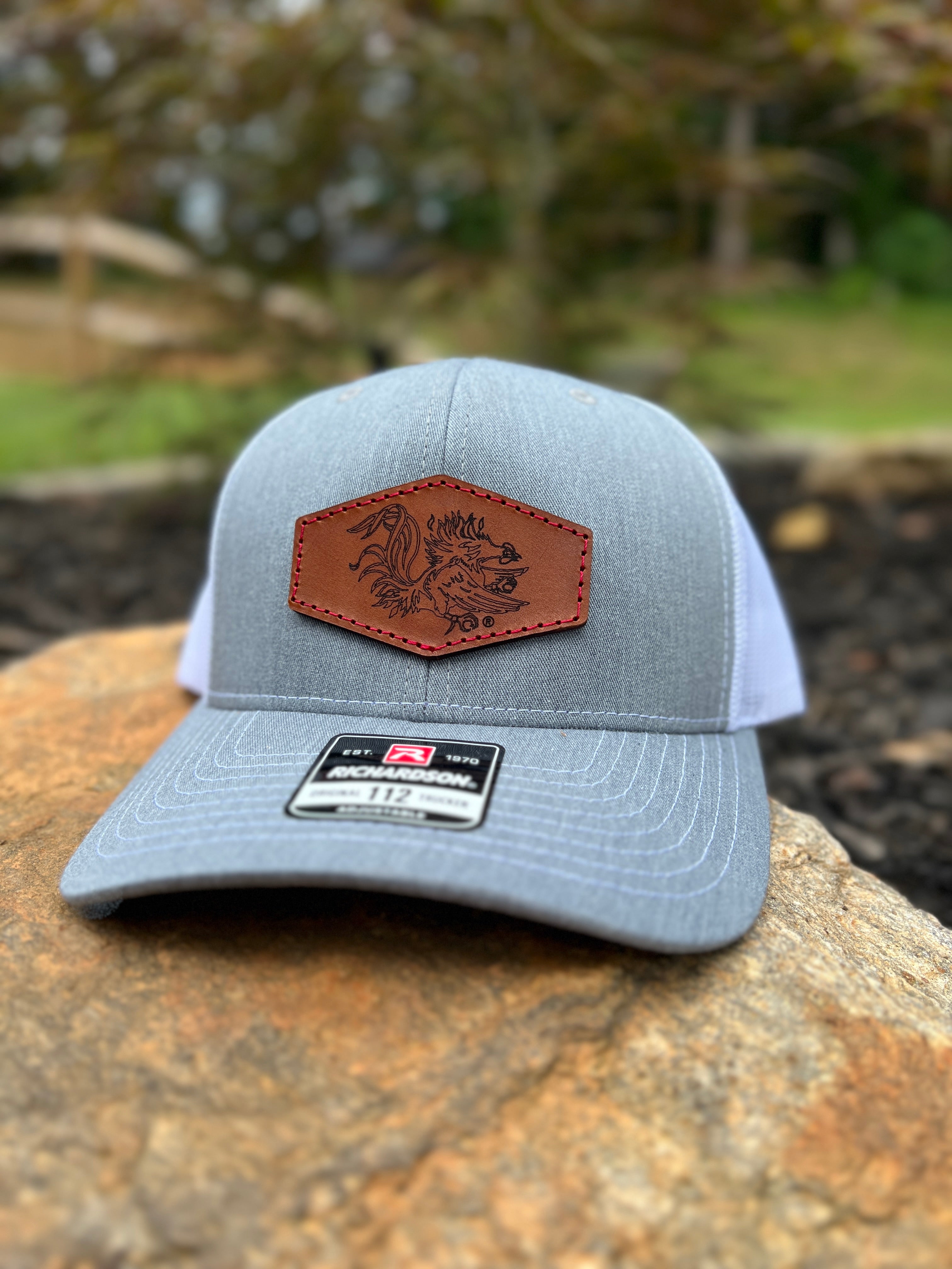 South Carolina Gamecocks Richardson Leather Patch Trucker Hat-(Gamecock) Heather/White