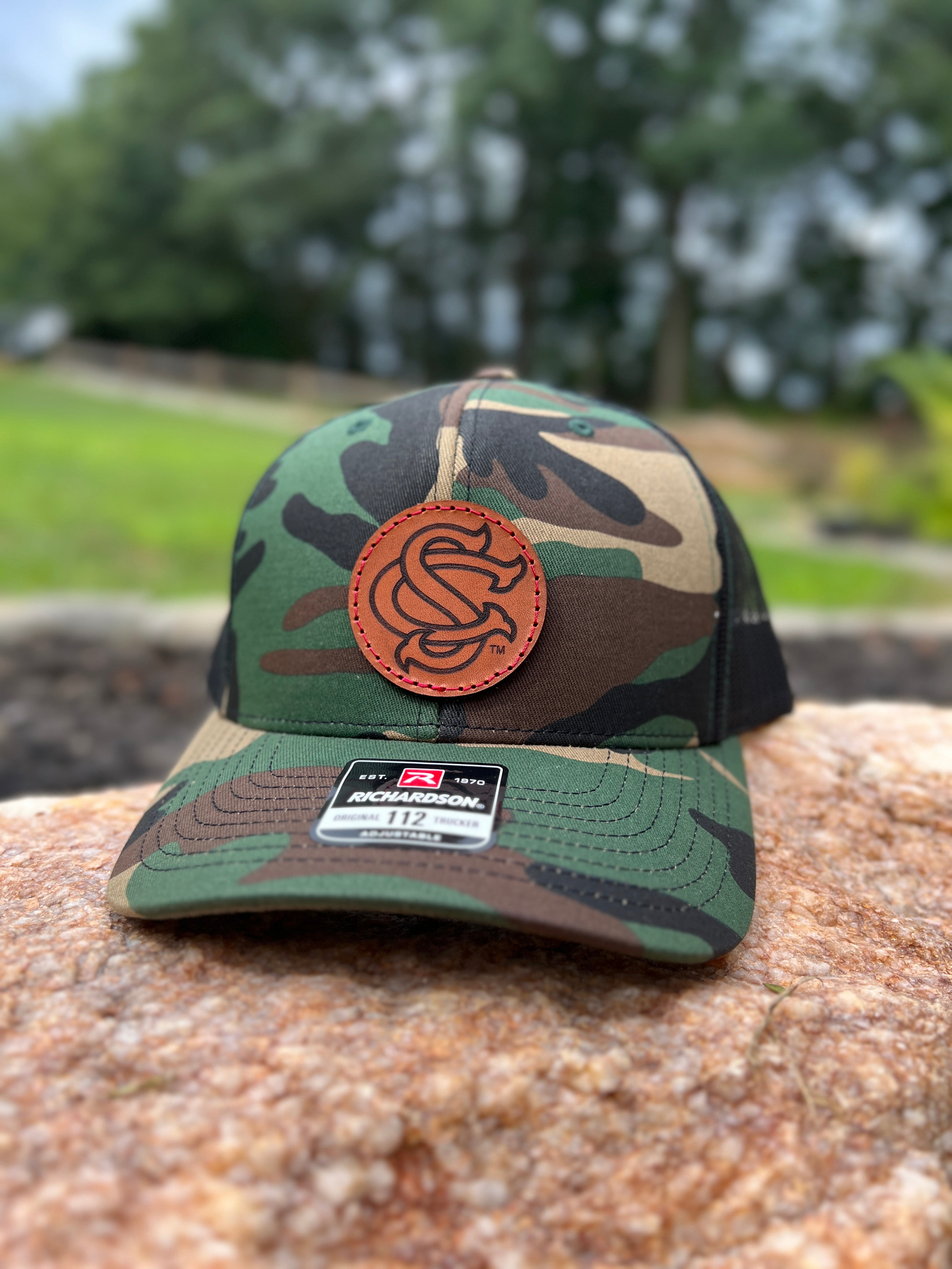South Carolina Gamecocks Richardson Leather Patch Trucker Hat-(SC) Camo/Black