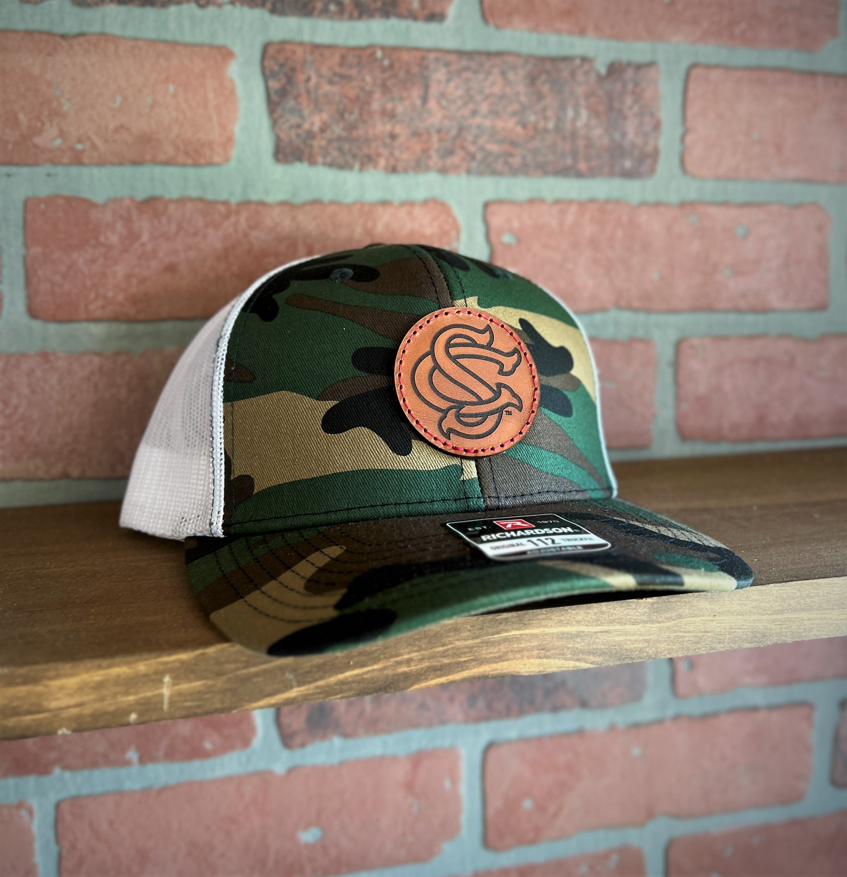 South Carolina Gamecocks Richardson Leather Patch Trucker Hat-(SC) Camo/White