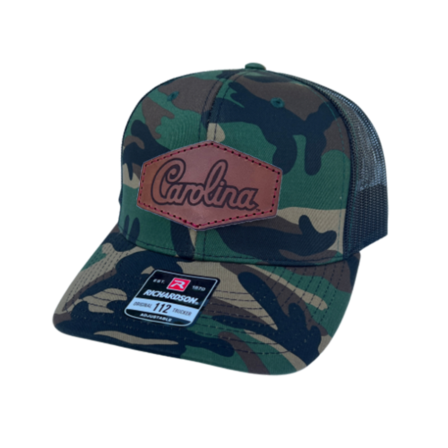 South Carolina Gamecocks Leather Patch Trucker Hat-(Script) Camo - HatFlow Company
