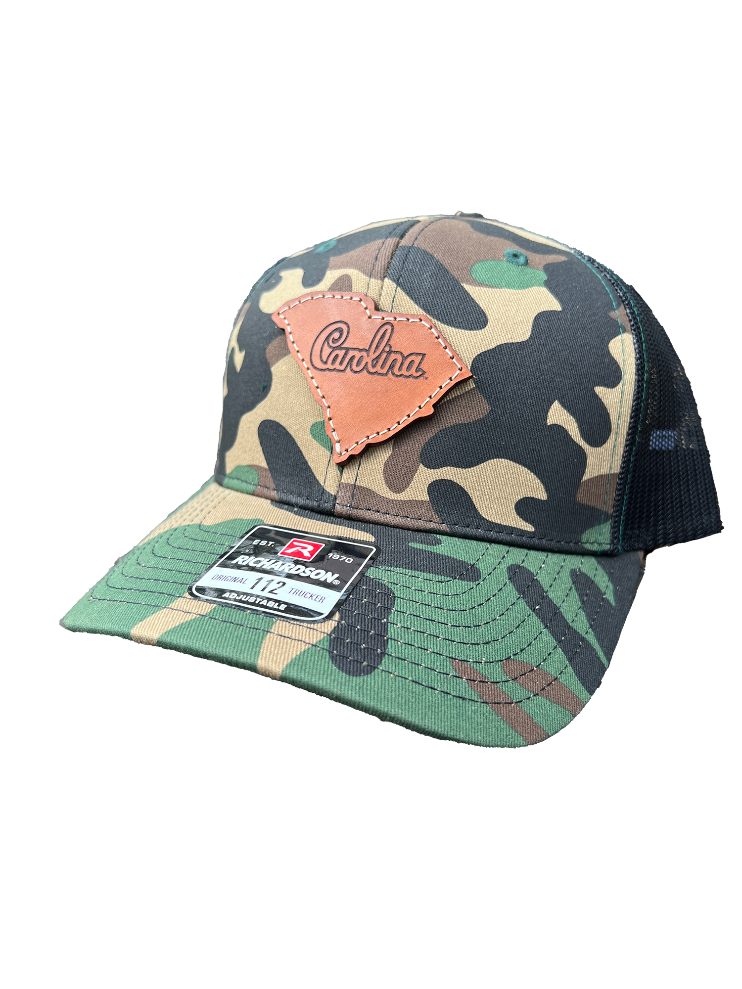 South Carolina Gamecocks Leather Patch Trucker Hat (State Script) - HatFlow Company