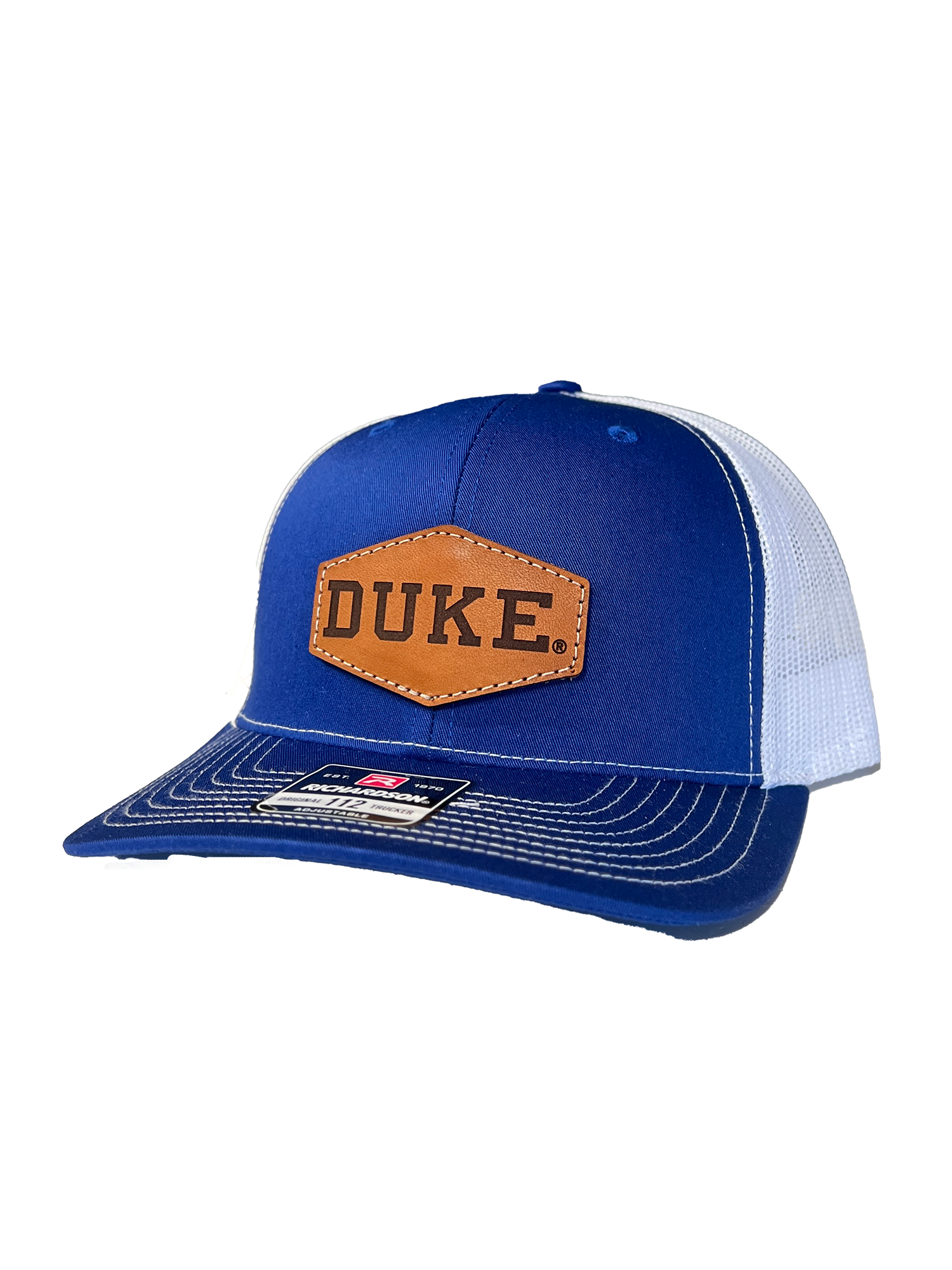 Duke Blue Devils Leather Patch Trucker Hat-(Duke) Royal/White