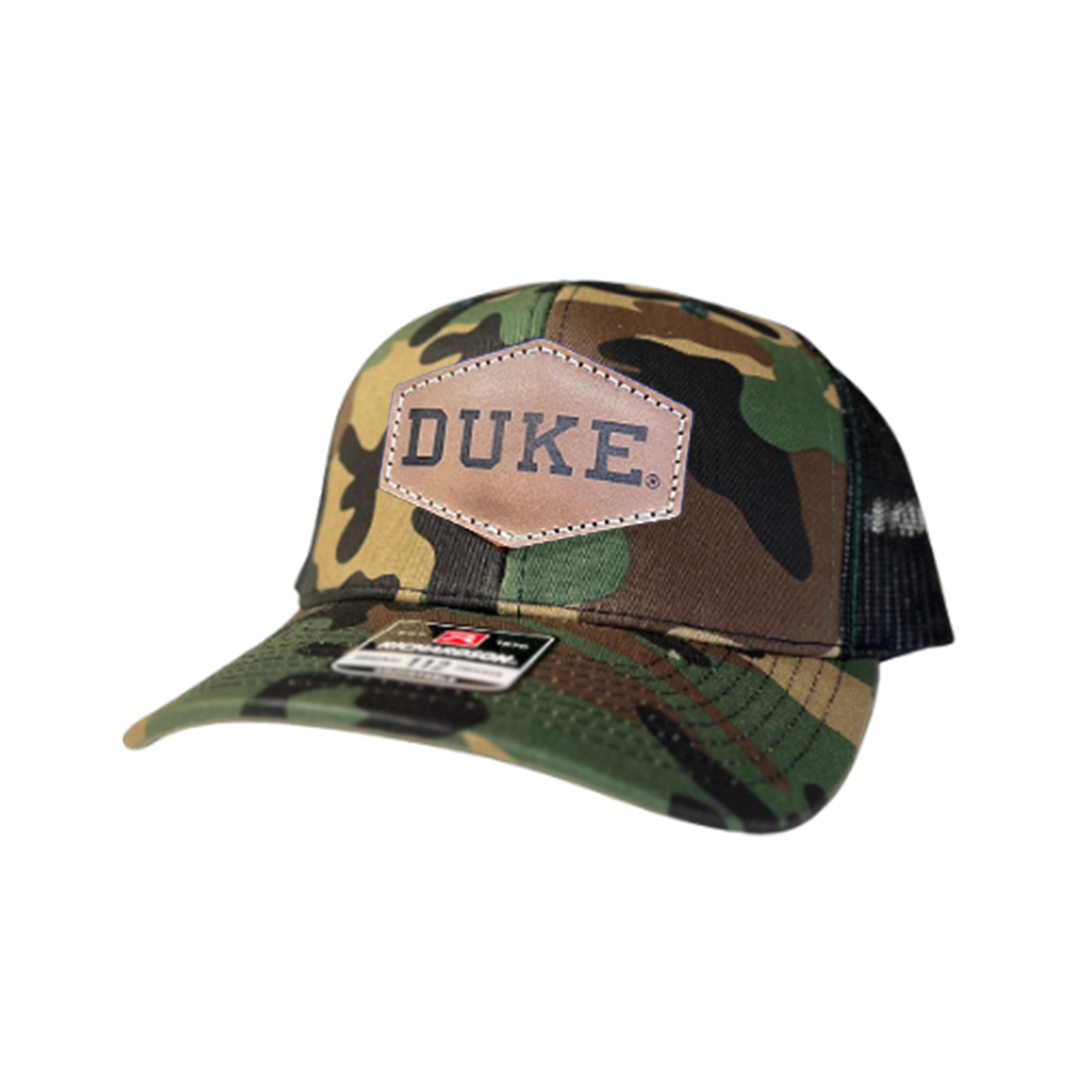 Duke Blue Devils Leather Patch Trucker Hat-(Duke) Camo/Black