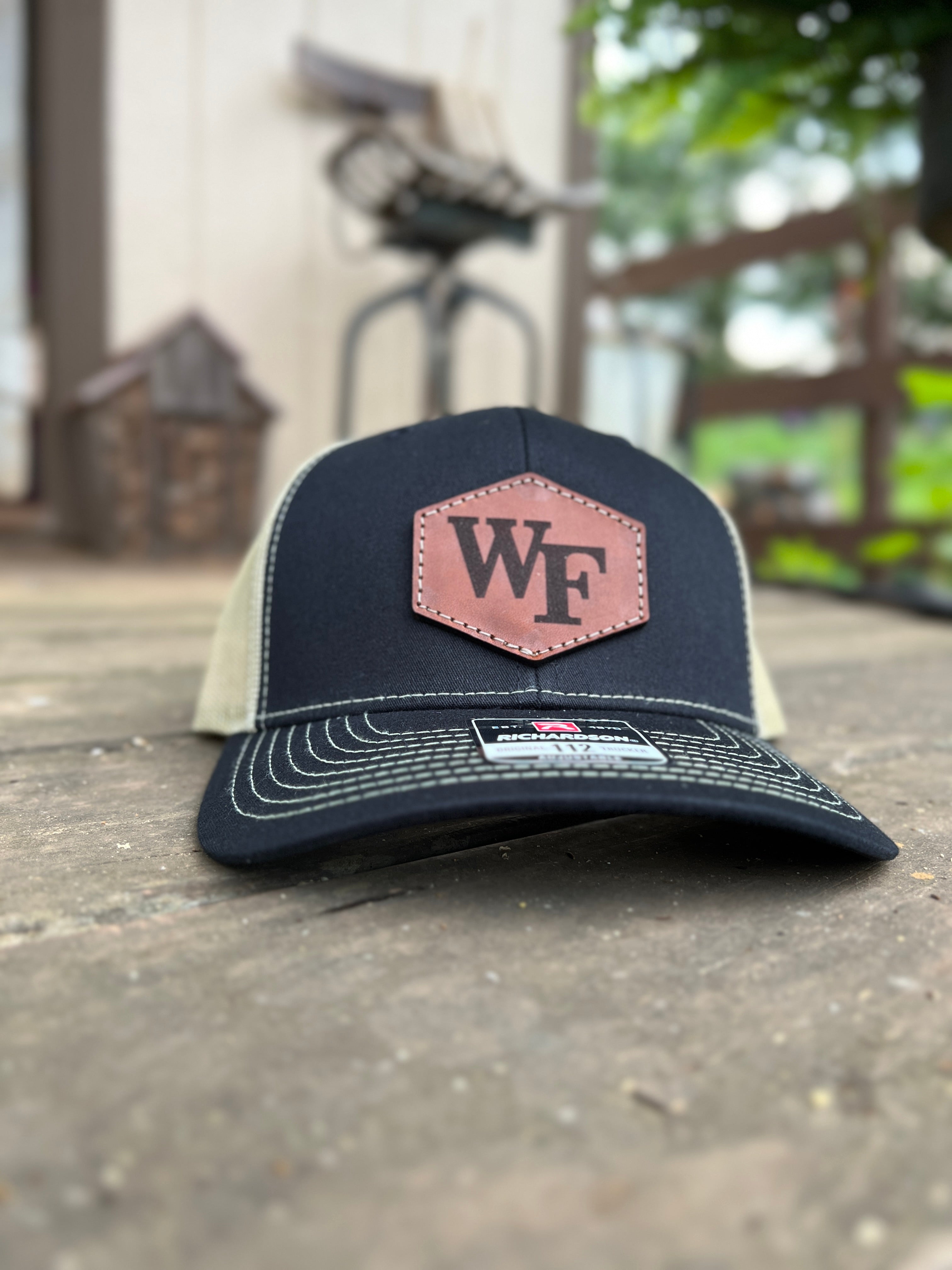 Wake Forest Demon Deacons Leather Patch Trucker Hat-(WF) Black/Vegas Gold
