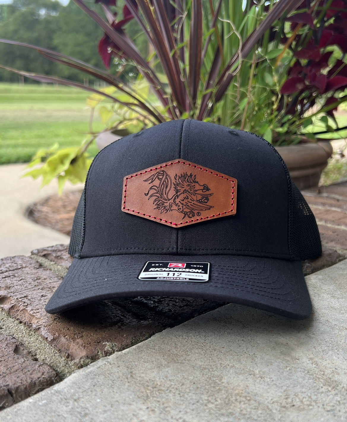 South Carolina Gamecocks Richardson Leather Patch Trucker Hat-(Gamecock) Black