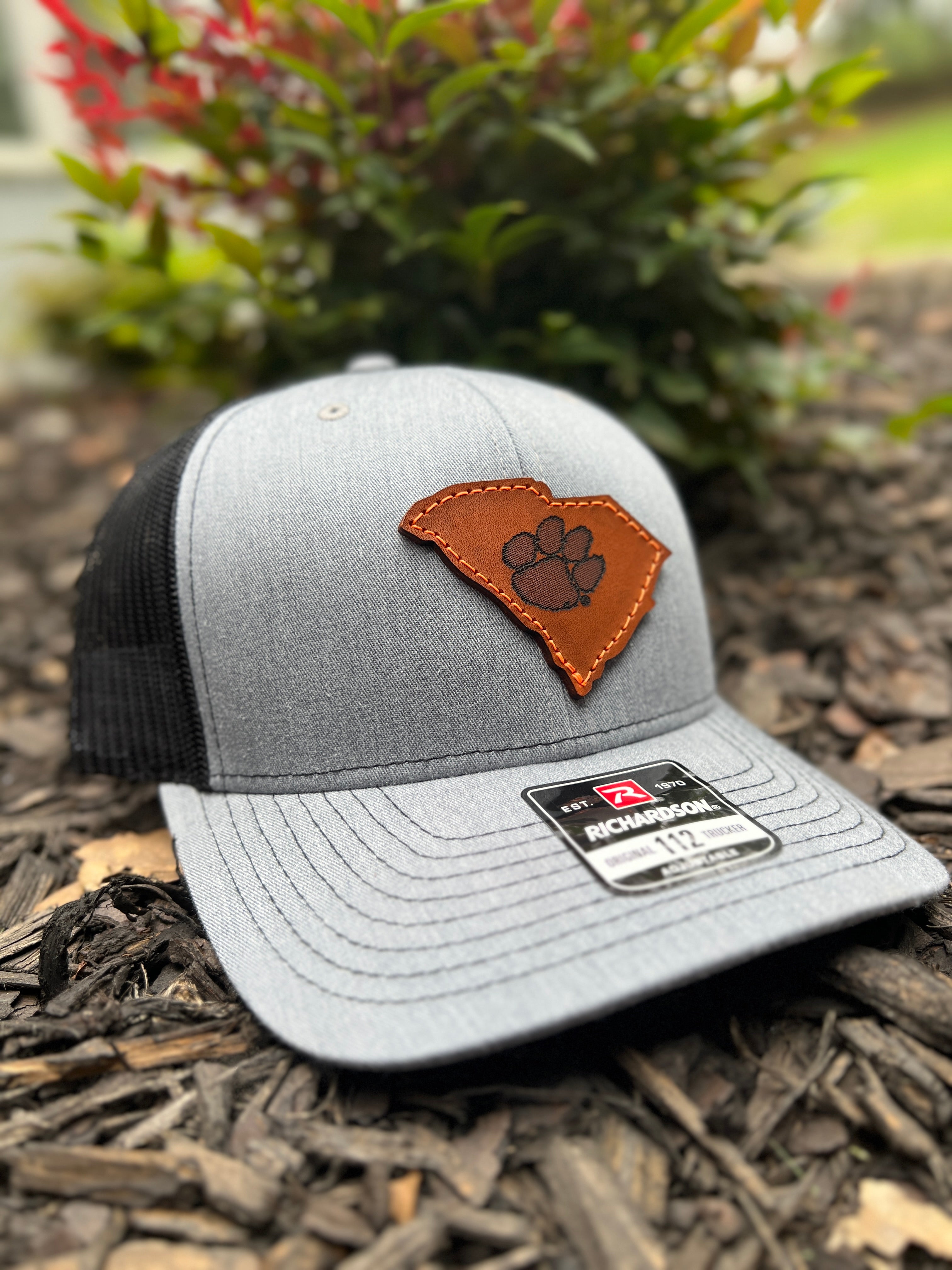 Clemson Tigers Leather South Carolina Patch Trucker Hat-(State Tiger Paw) Heather/Black