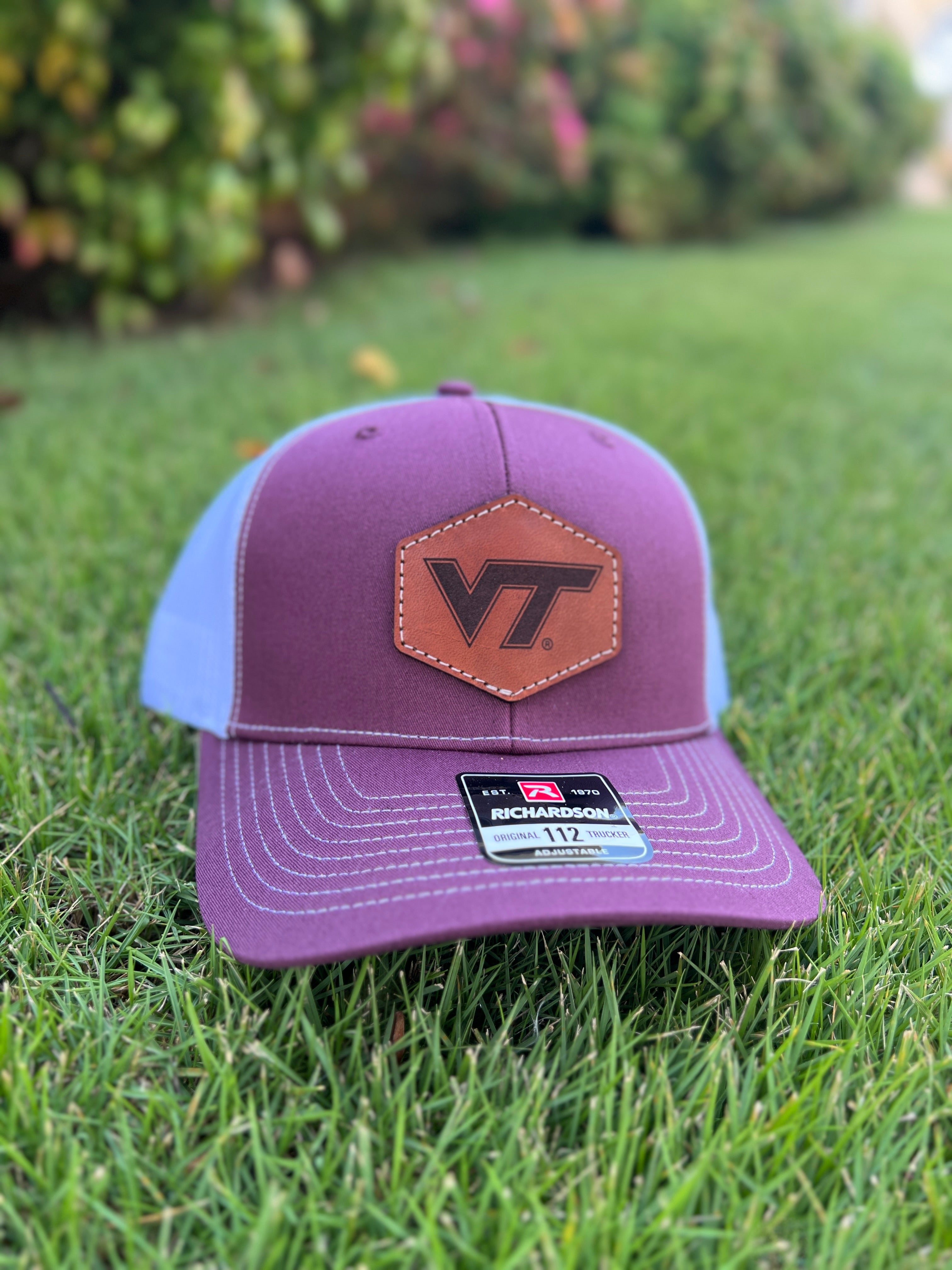 Virginia Tech Leather Patch Trucker Hat Orange/White / Adjustable / VT Virginia Tech Patch