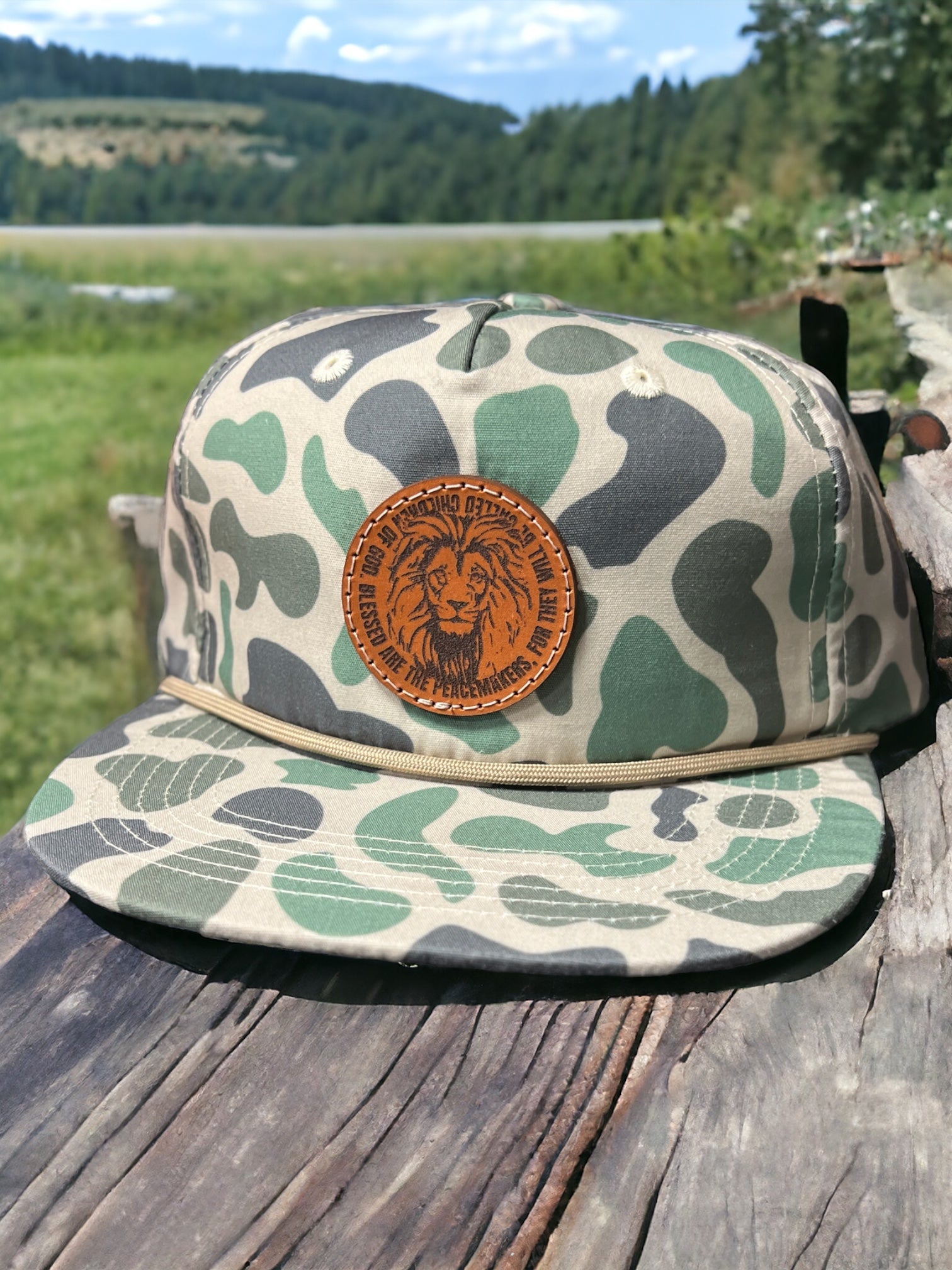 Matthew 5:9 Lion Leather Patch Rope Hat