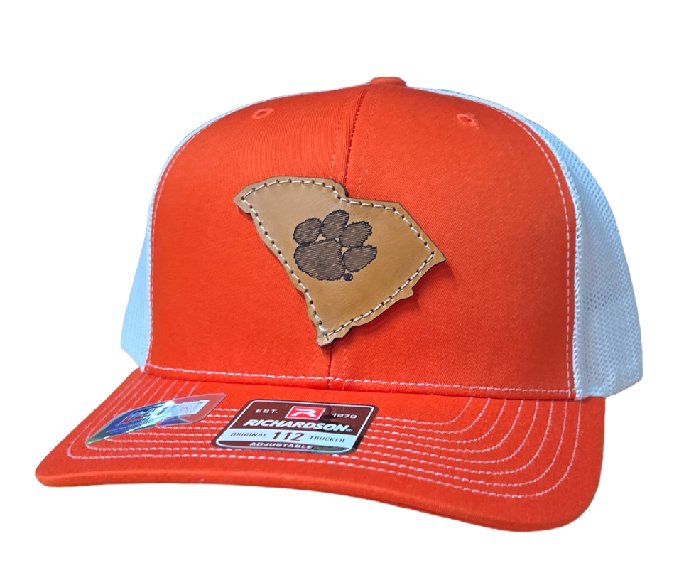Clemson Tigers Leather South Carolina Patch Trucker Hat-(State Tiger Paw) Orange/White