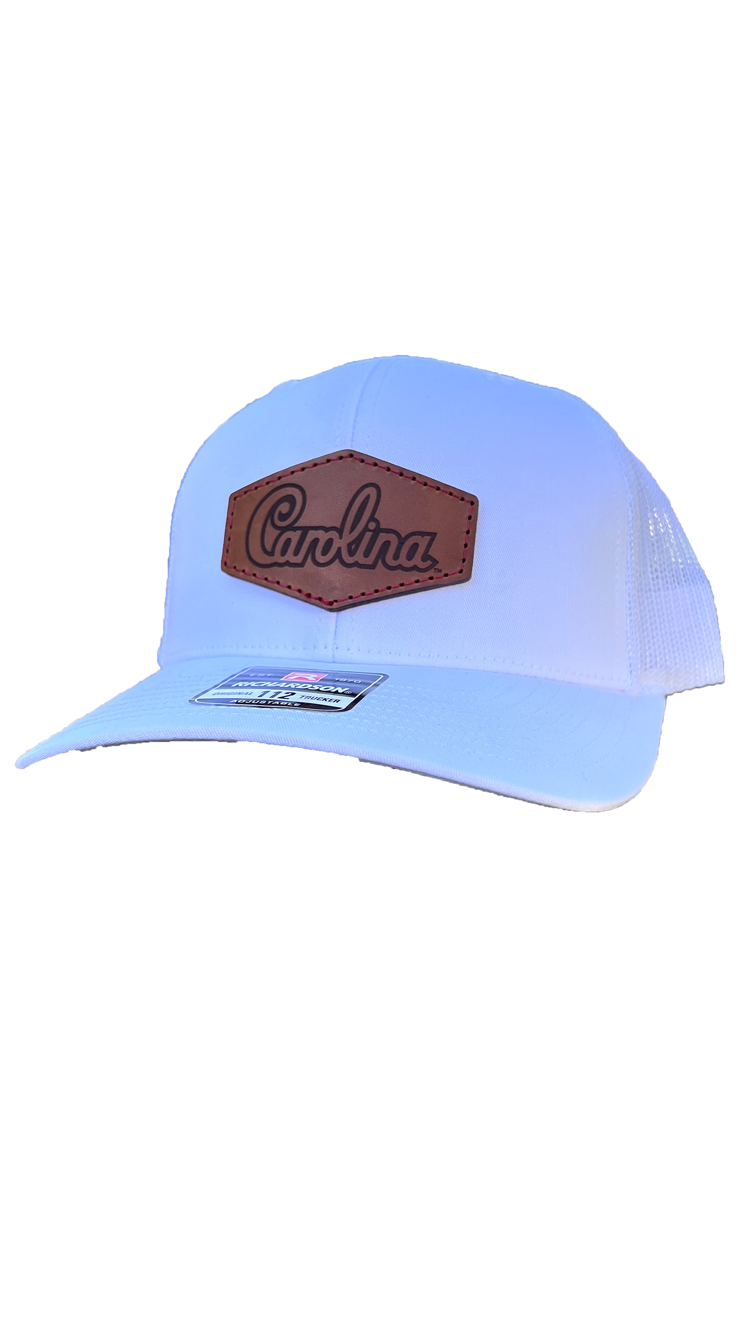 South Carolina Gamecocks Leather Patch Trucker Hat-(Script) White