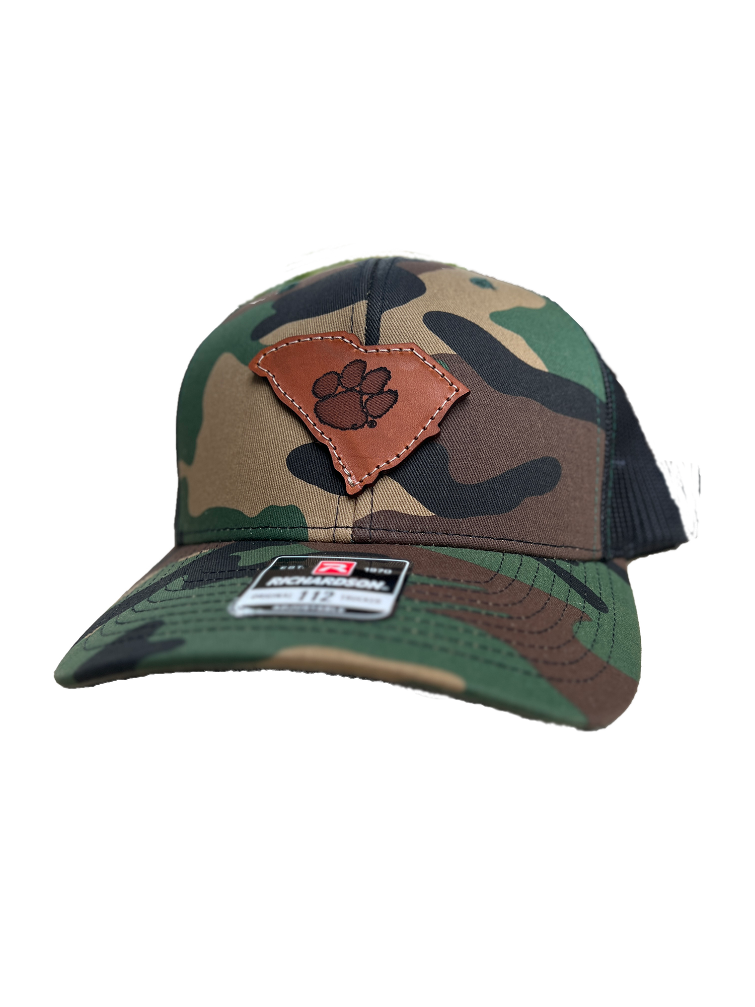 Clemson Tigers Leather South Carolina Patch Trucker Hat-(State Tiger Paw) Camo/Black