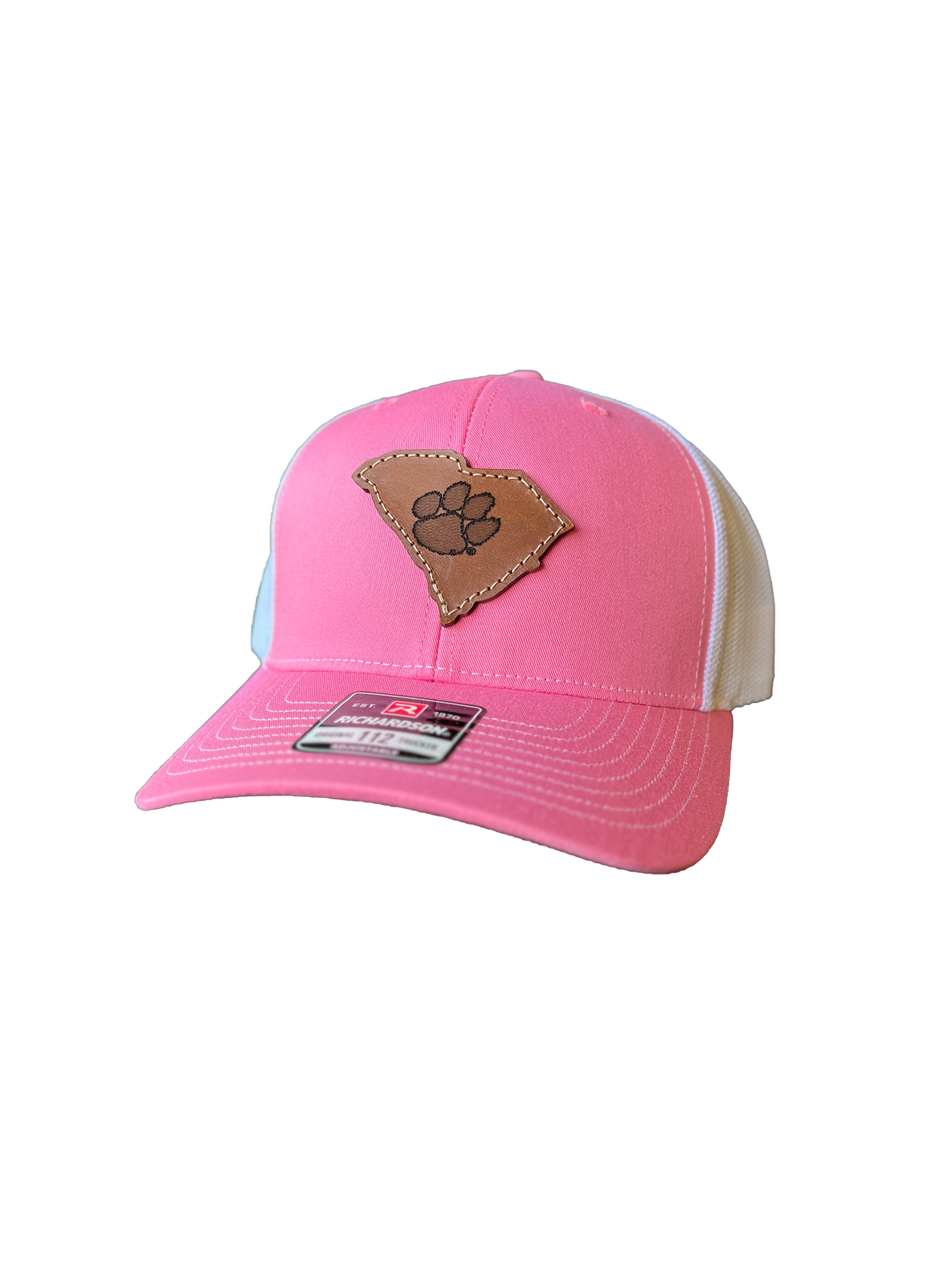 Clemson Tigers Leather South Carolina Patch Trucker Hat-(State Tiger Paw) Pink/White