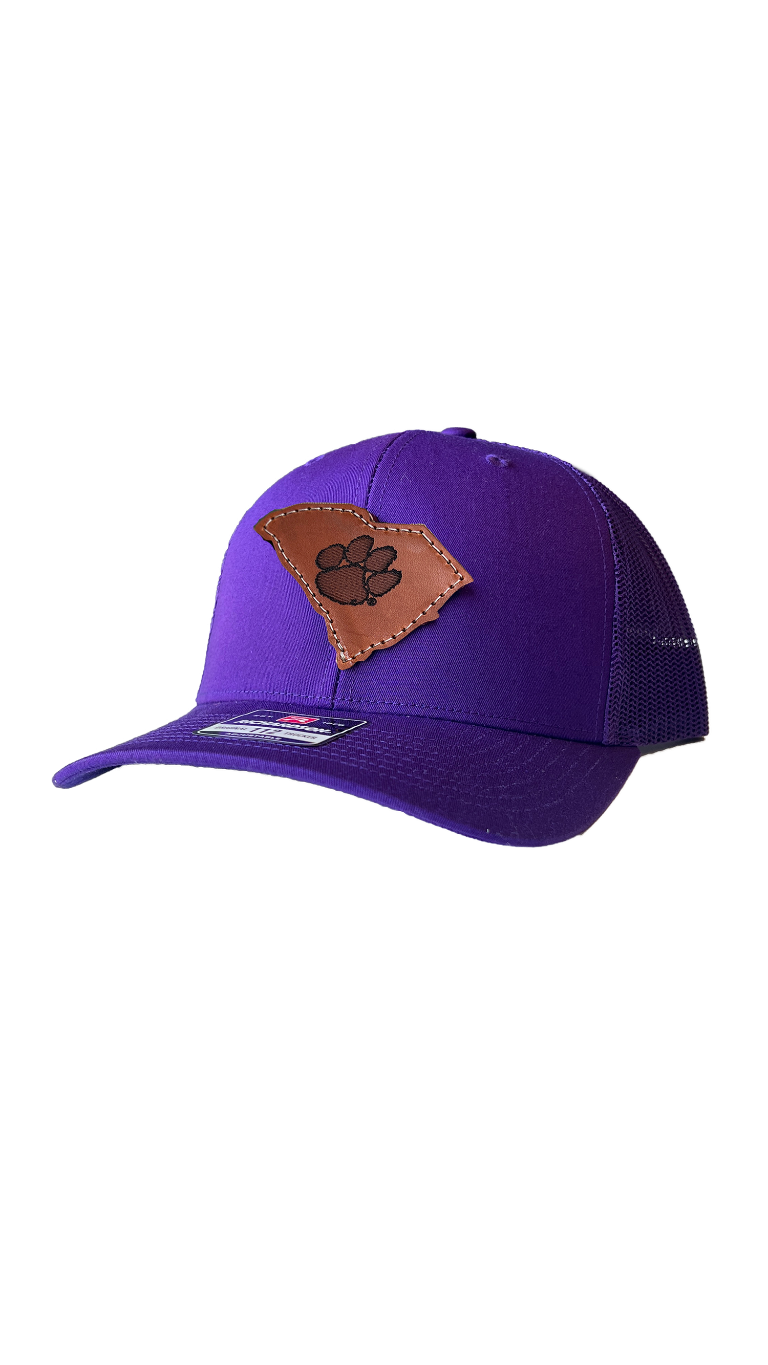 Clemson Tigers Leather South Carolina Patch Trucker Hat-(State Tiger Paw) Purple