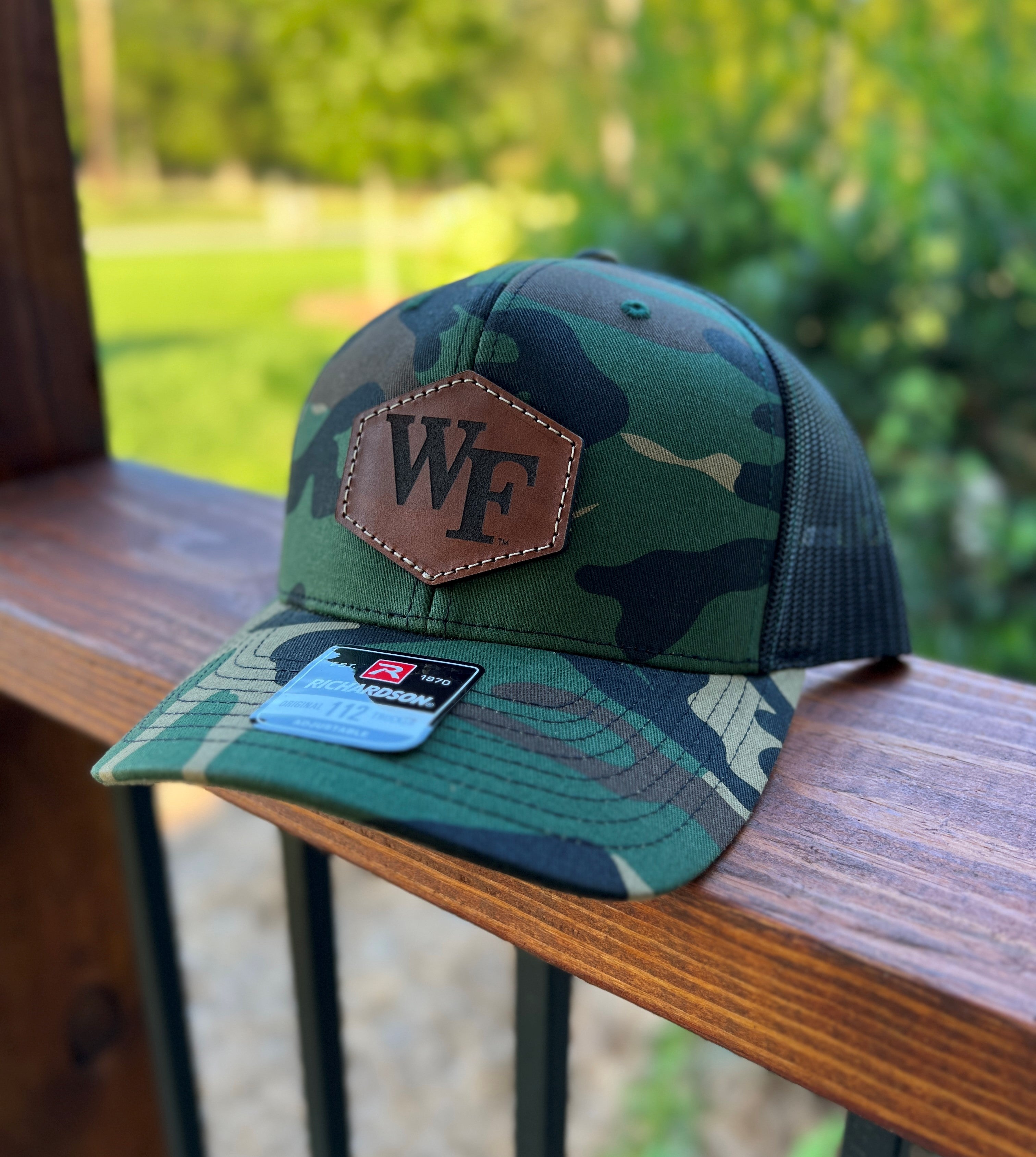 Wake Forest Demon Deacons Leather Patch Trucker Hat-(WF) Camo
