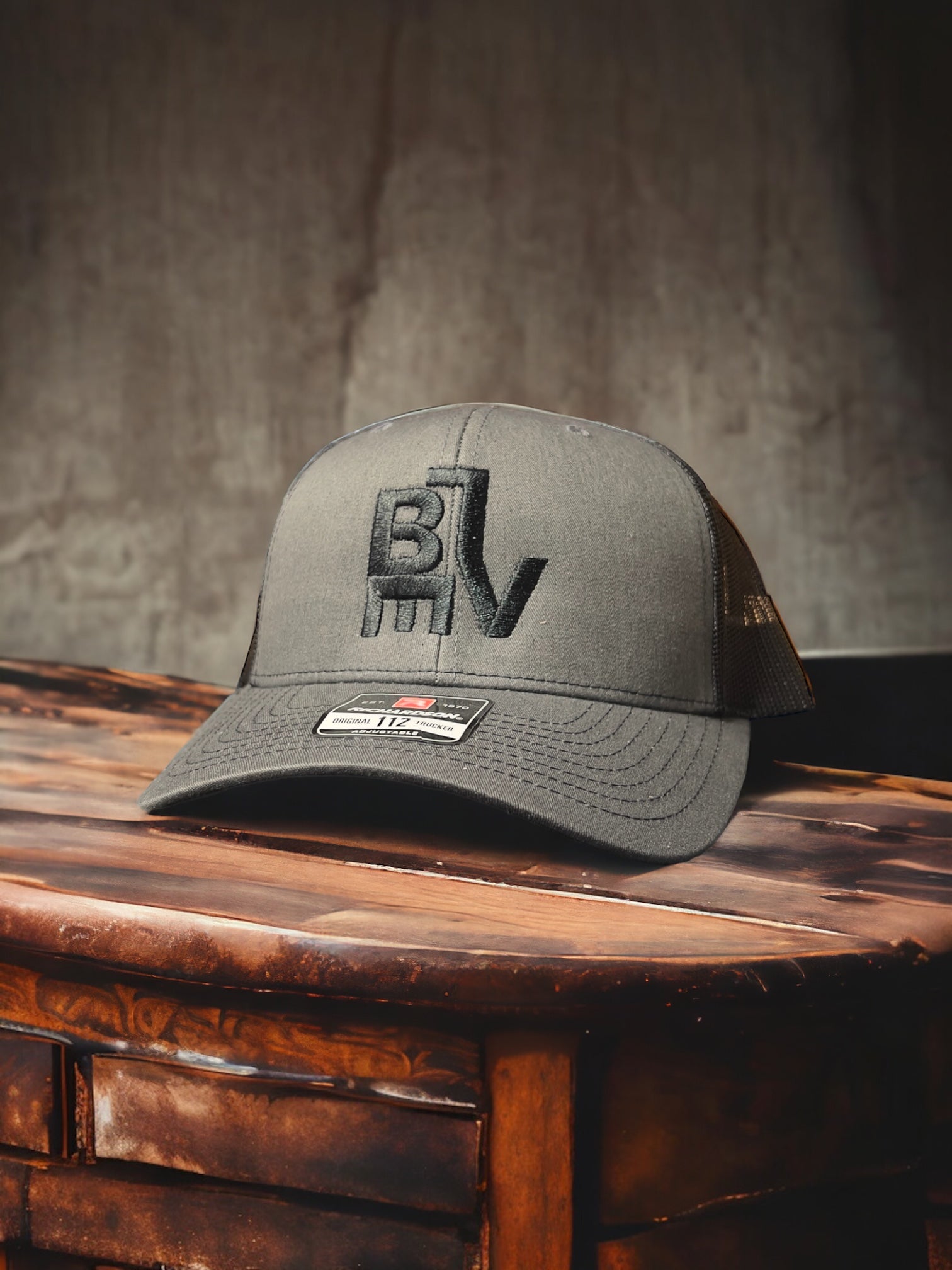 BLEV Embroidered Trucker Hat-Charcoal/Black
